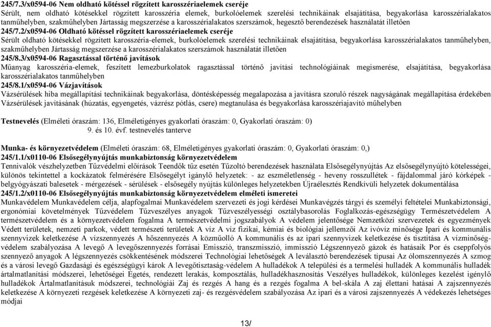 karosszérialakatos tanműhelyben, szakműhelyben Jártasság megszerzése a karosszérialakatos szerszámok, hegesztő berendezések használatát illetően 2/x0594-06 Oldható kötéssel rögzített