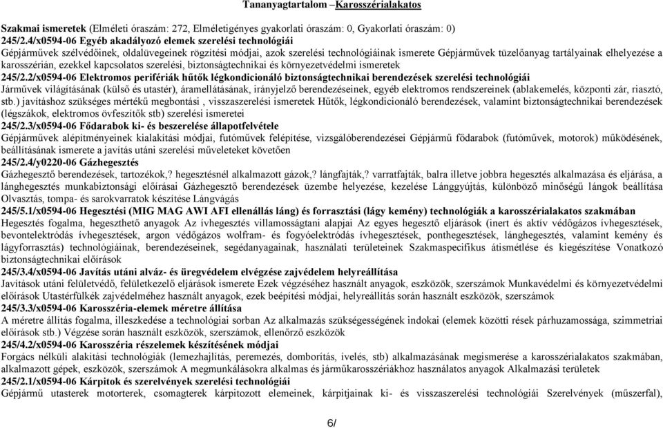 elhelyezése a karosszérián, ezekkel kapcsolatos szerelési, biztonságtechnikai és környezetvédelmi ismeretek 245/2.