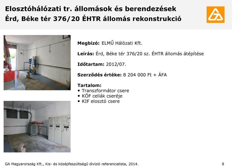 Hálózati Leírás: Érd, Béke tér 376/20 sz. ÉHTR állomás átépítése Időtartam: 2012/07.