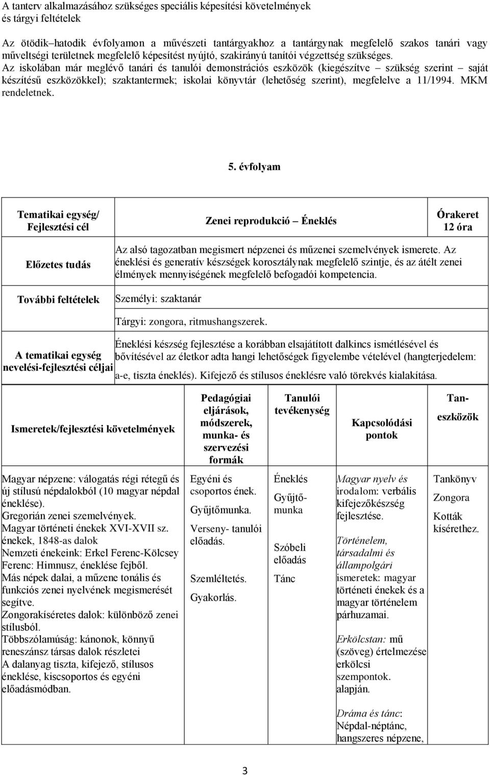 Az iskolában már meglévő tanári és tanulói demonstrációs eszközök (kiegészítve szükség szerint saját készítésű eszközökkel); szaktantermek; iskolai könyvtár (lehetőség szerint), megfelelve a 11/1994.