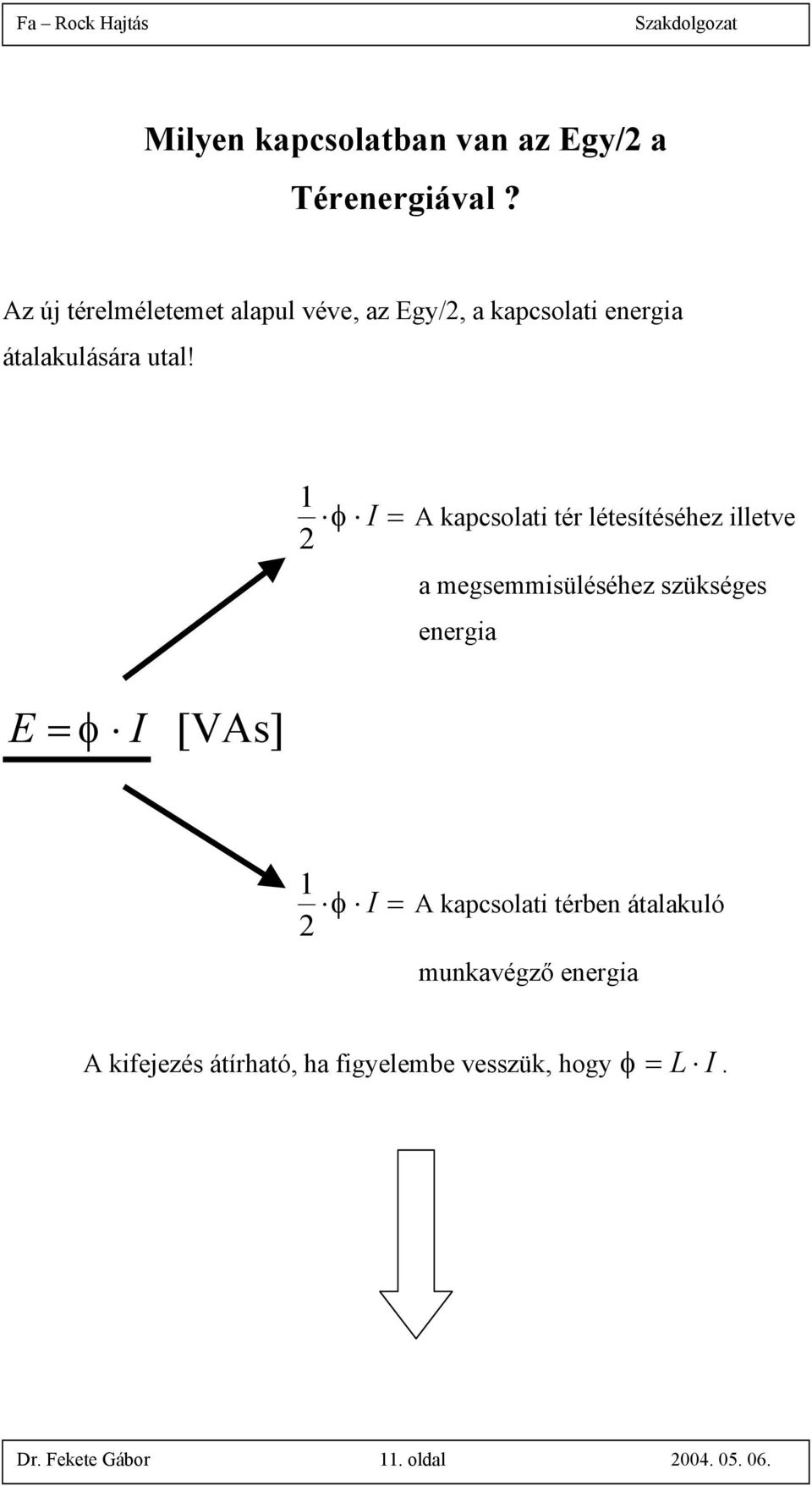 1 φ I 2 = A kapcsolati tér létesítéséhez illetve a megsemmisüléséhez szükséges energia E =φ I