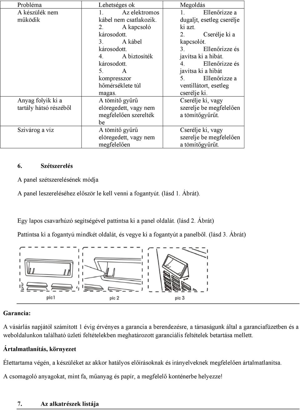 Ellenőrizze a dugaljt, esetleg cserélje ki azt. 2. Cserélje ki a kapcsolót. 3. Ellenőrizze és javítsa ki a hibát. 4. Ellenőrizze és javítsa ki a hibát 5.