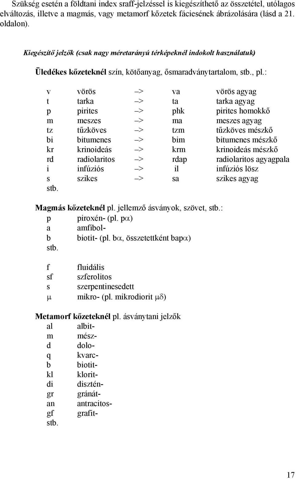 : v vörös > va vörös agyag t tarka > ta tarka agyag p pirites > phk pirites homokkő m meszes > ma meszes agyag tz tűzköves > tzm tűzköves mészkő bi bitumenes > bim bitumenes mészkő kr krinoideás >