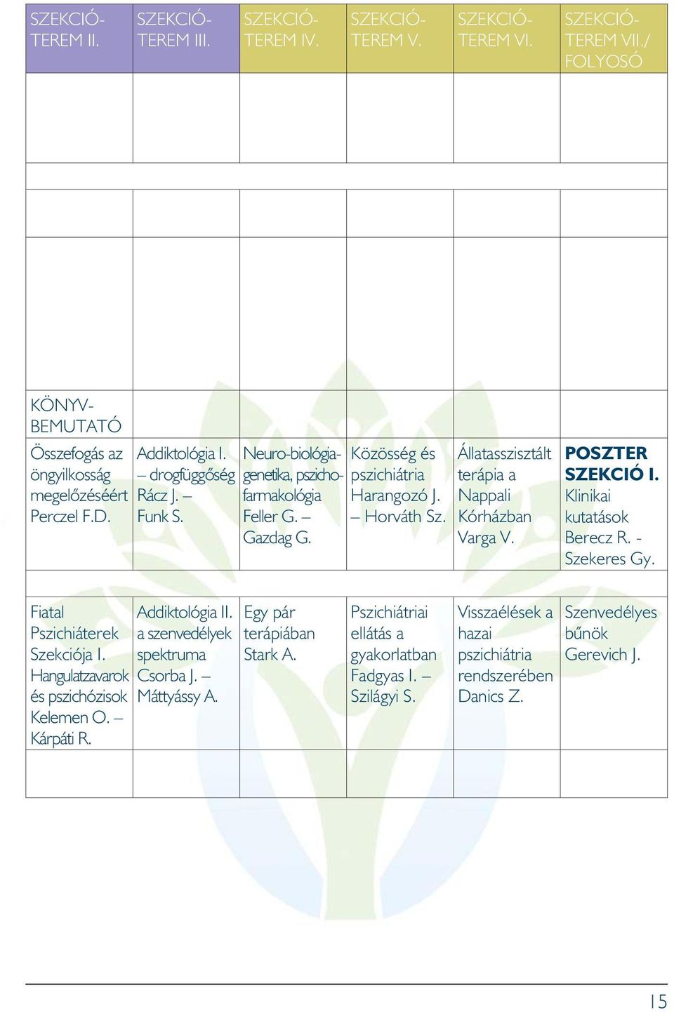 Állatasszisztált terápia a Nappali Kórházban Varga V. POSZTER SZEKCIÓ I. Klinikai kutatások Berecz R. - Szekeres Gy. Fiatal Pszichiáterek Szekciója I. Hangulatzavarok és pszichózisok Kelemen O.