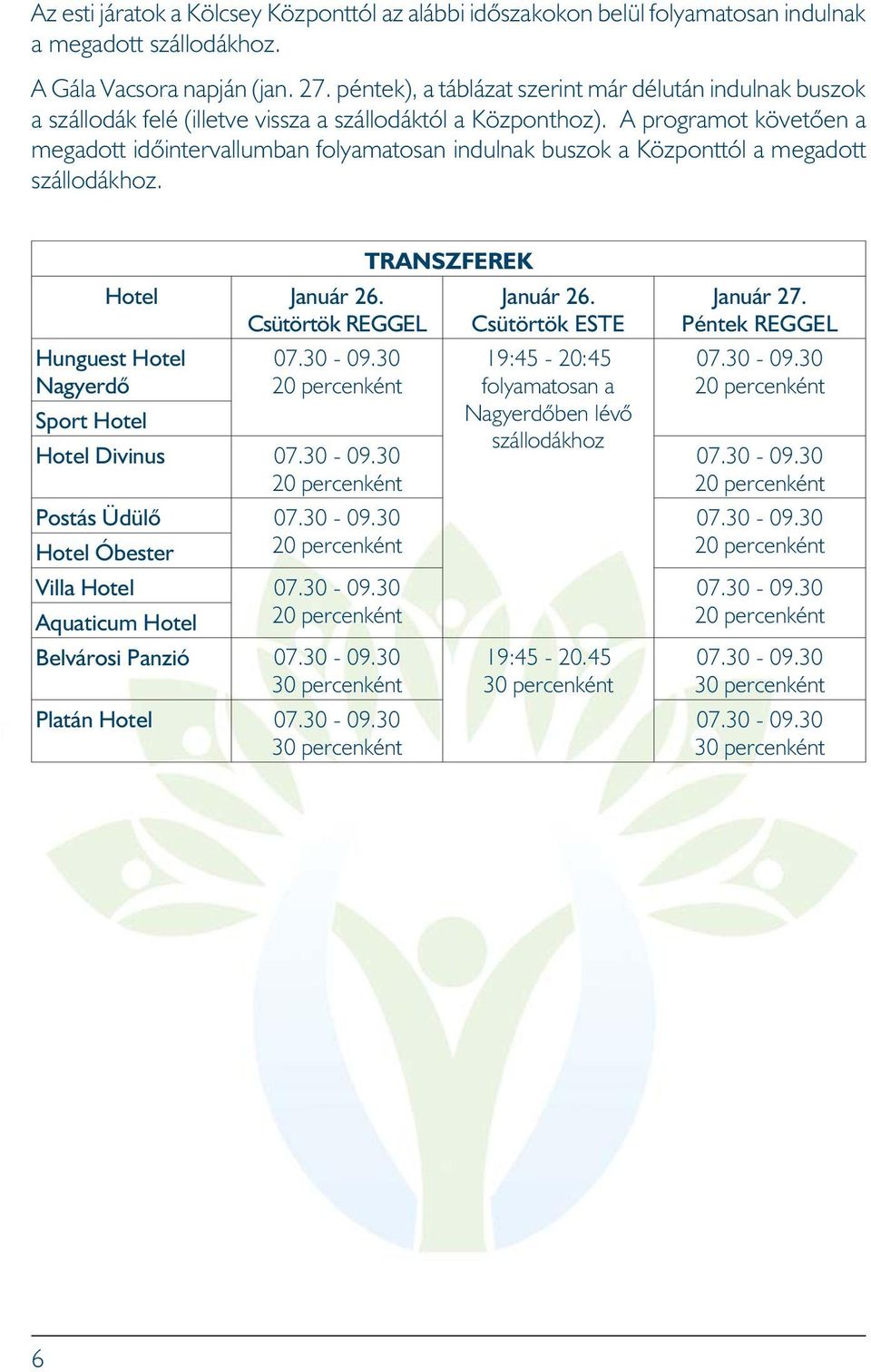 A programot követõen a megadott idõintervallumban folyamatosan indulnak buszok a Központtól a megadott szállodákhoz. Hotel Január 26. Csütörtök REGGEL Hunguest Hotel Nagyerdõ Sport Hotel 07.30-09.