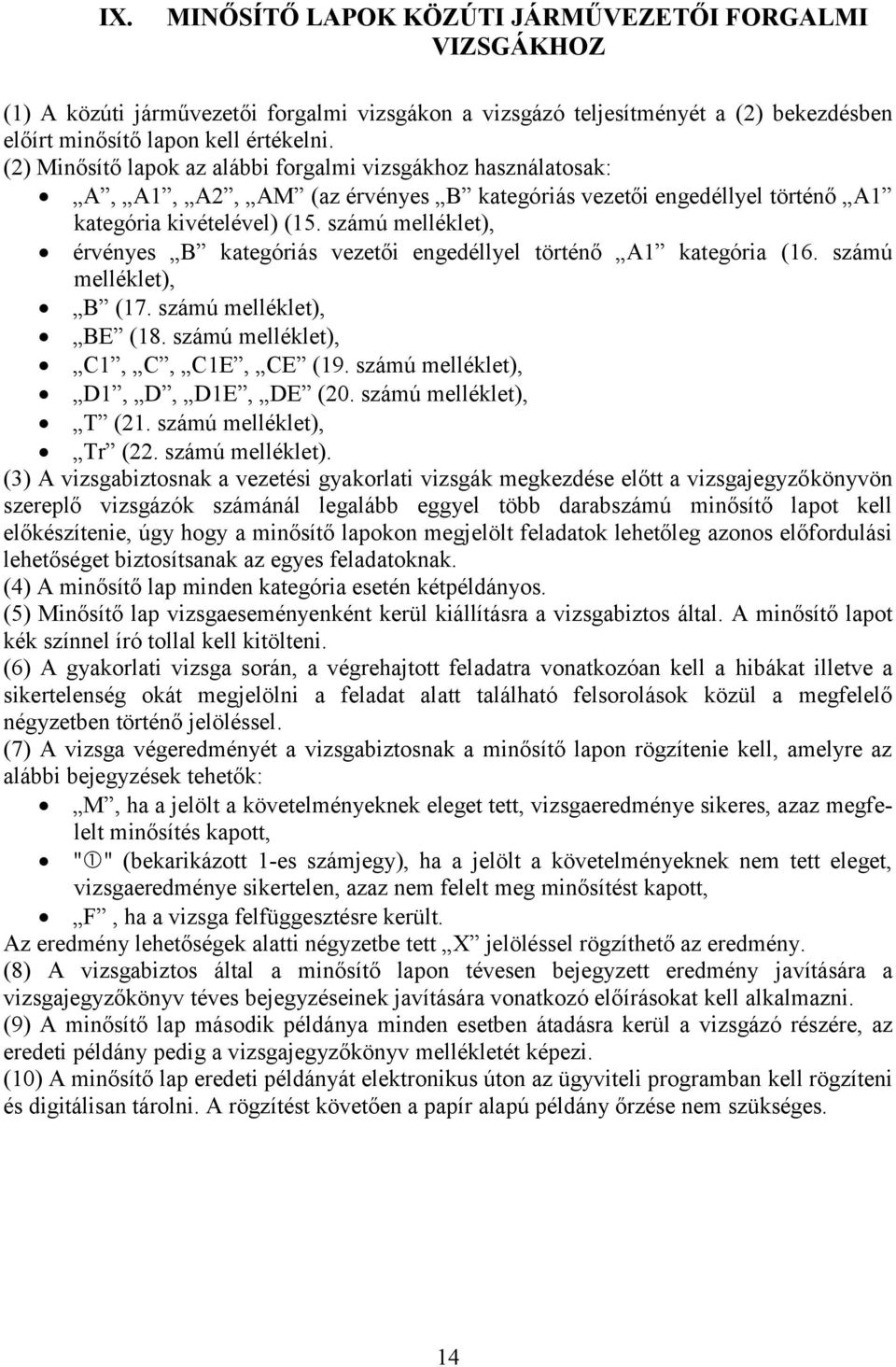 számú melléklet), érvényes B kategóriás vezetői engedéllyel történő A1 kategória (16. számú melléklet), B (17. számú melléklet), BE (18. számú melléklet), C1, C, C1E, CE (19.