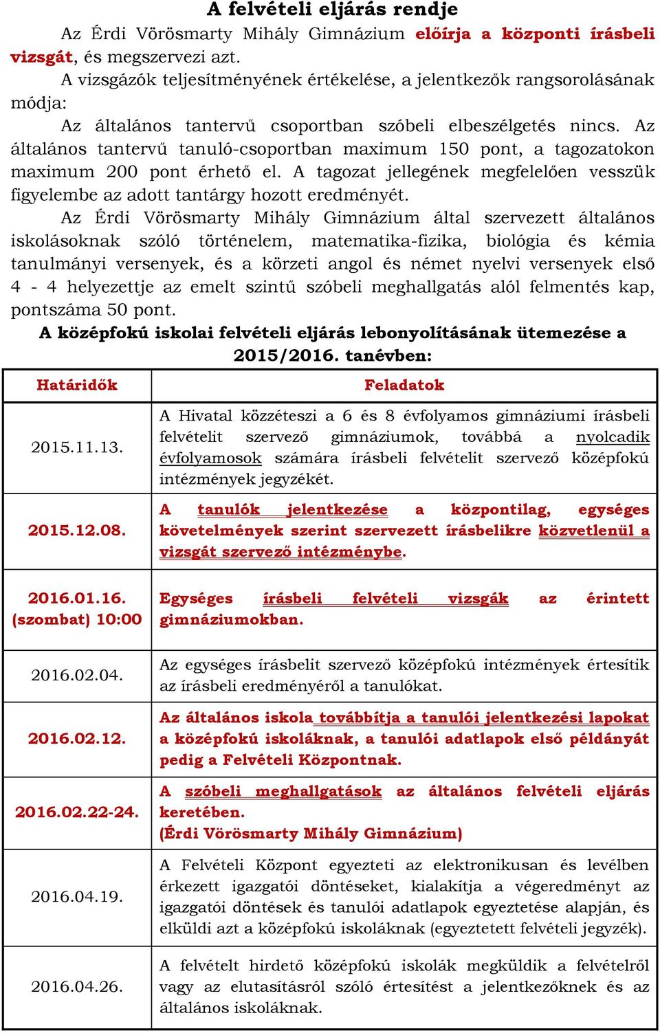 Az általános tantervű tanuló-csoportban maximum 150 pont, a tagozatokon maximum 200 pont érhető el. A tagozat jellegének megfelelően vesszük figyelembe az adott tantárgy hozott eredményét.