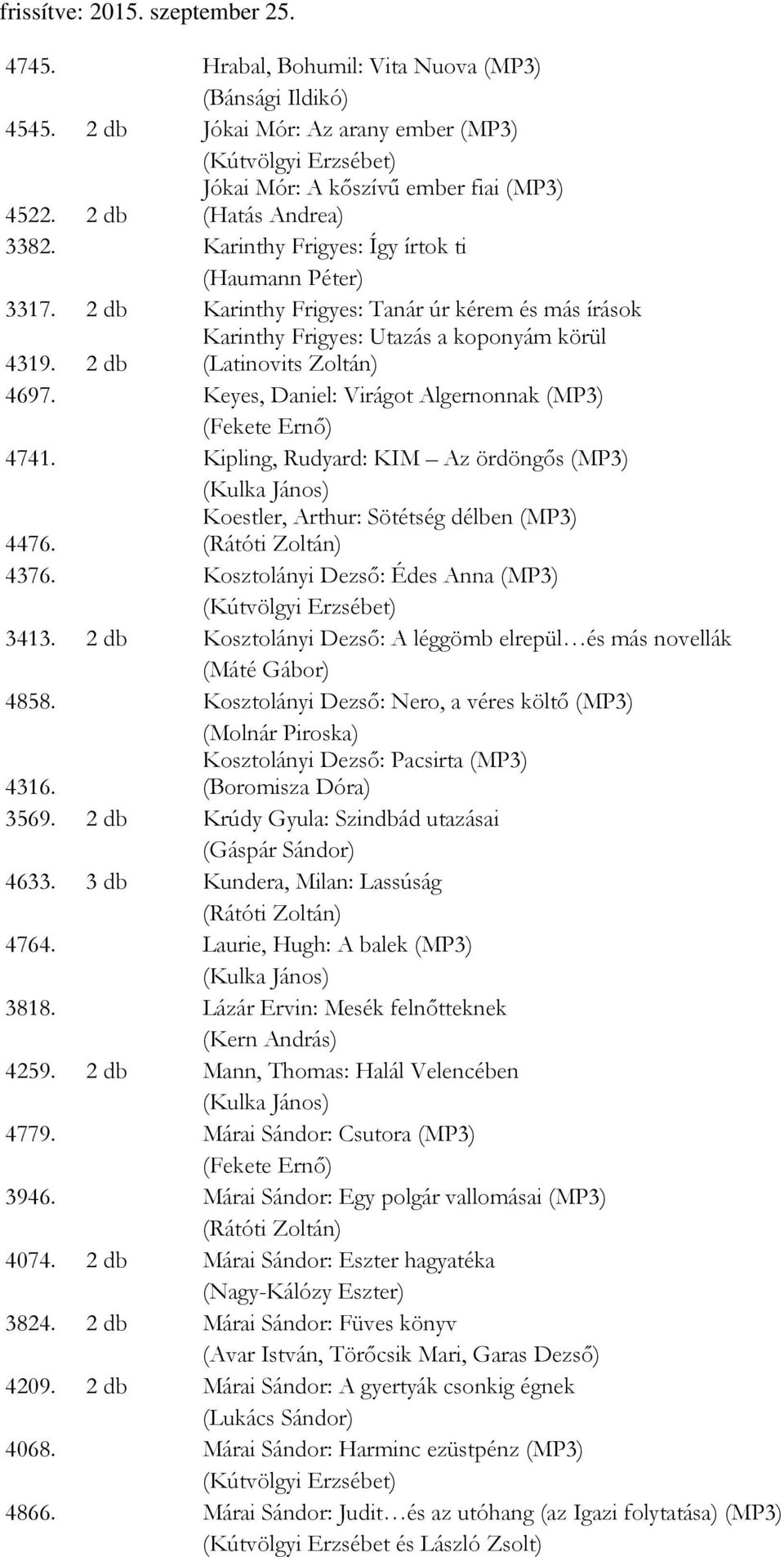 Keyes, Daniel: Virágot Algernonnak (MP3) 4741. Kipling, Rudyard: KIM Az ördöngős (MP3) 4476. Koestler, Arthur: Sötétség délben (MP3) 4376. Kosztolányi Dezső: Édes Anna (MP3) 3413.