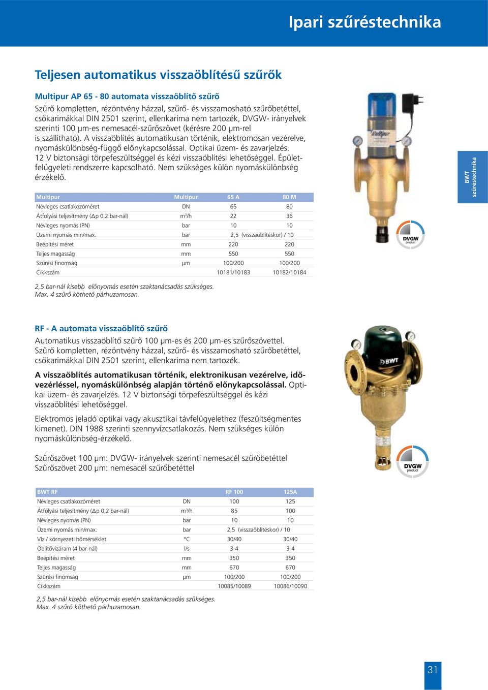 A visszaöblítés automatikusan történik, elektromosan vezérelve, nyomáskülönbség-függő előnykapcsolással. Optikai üzem- és zavarjelzés.