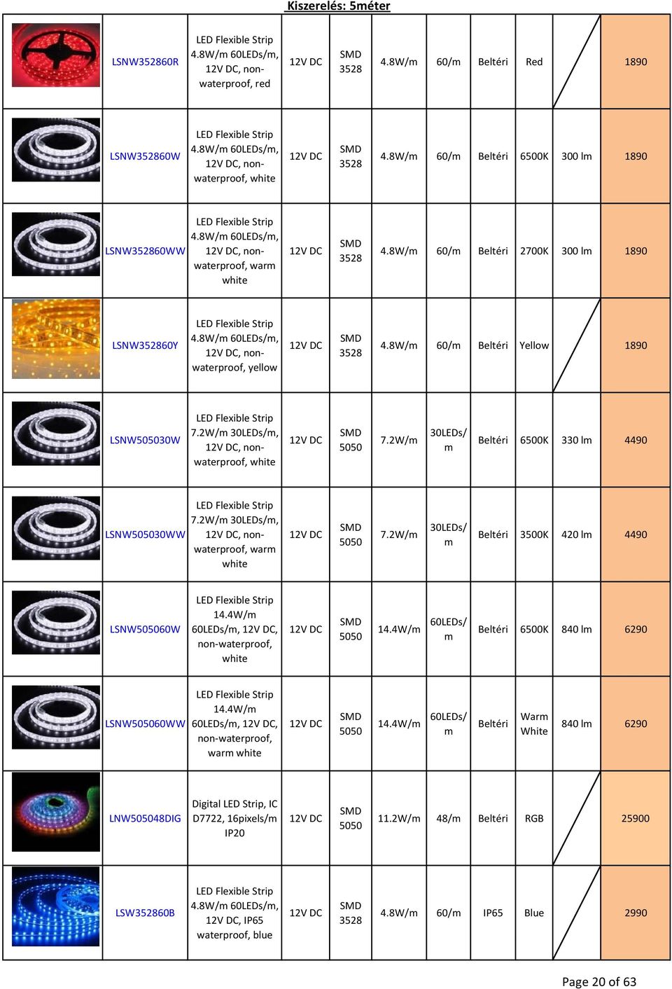8W/m 60LEDs/m,, nonwaterproof, yellow 3528 4.8W/m 60/m Beltéri Yellow 1890 LSNW505030W LED Flexible Strip 7.2W/m 30LEDs/m,, nonwaterproof, white 5050 7.
