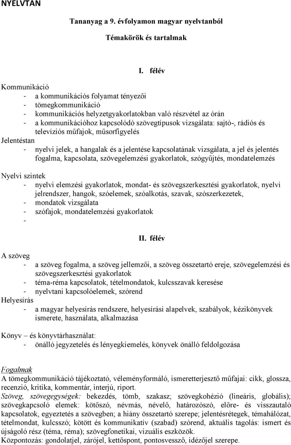 sajtó-, rádiós és televíziós műfajok, műsorfigyelés Jelentéstan - nyelvi jelek, a hangalak és a jelentése kapcsolatának vizsgálata, a jel és jelentés fogalma, kapcsolata, szövegelemzési gyakorlatok,