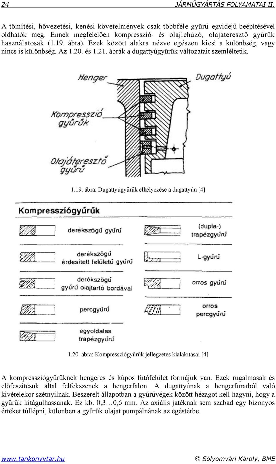 ábrák a dugattyúgyűrűk változatait szemléltetik. 1.19. ábra: Dugattyúgyűrűk elhelyezése a dugattyún [4] 1.20.