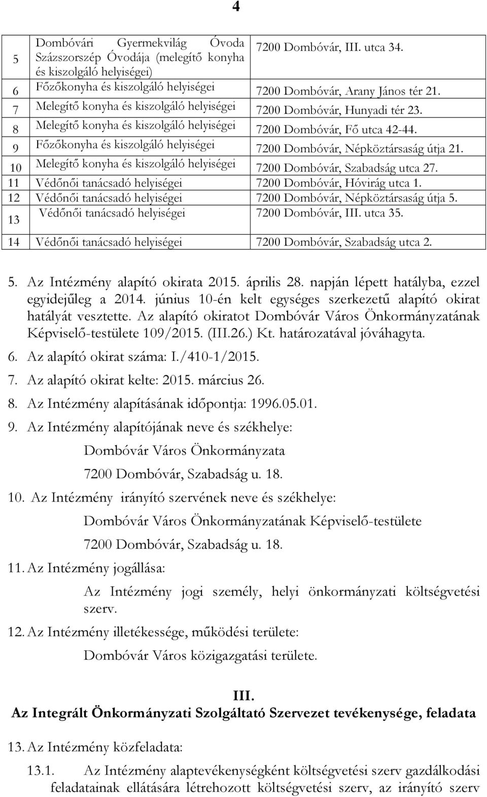 9 Főzőkonyha és kiszolgáló helyiségei 7200 Dombóvár, Népköztársaság útja 21. 10 Melegítő konyha és kiszolgáló helyiségei 7200 Dombóvár, Szabadság utca 27.
