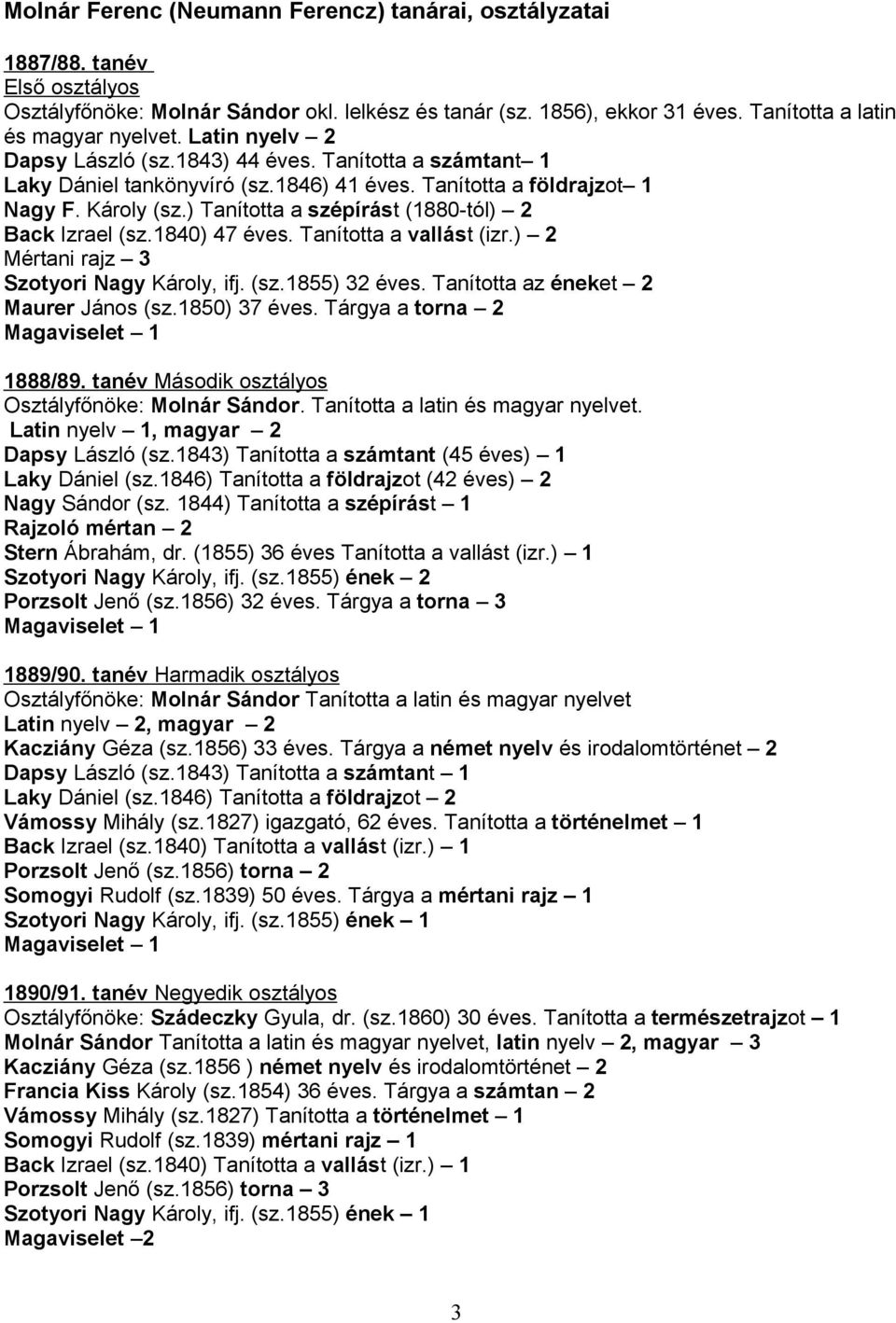 ) Tanította a szépírást (1880-tól) 2 Back Izrael (sz.1840) 47 éves. Tanította a vallást (izr.) 2 Mértani rajz 3 Szotyori Nagy Károly, ifj. (sz.1855) 32 éves. Tanította az éneket 2 Maurer János (sz.