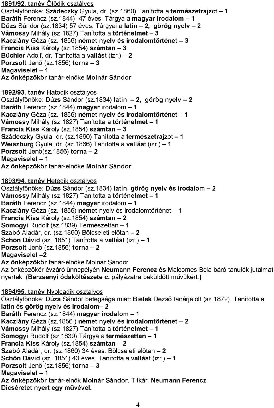 1854) számtan 3 Büchler Adolf, dr. Tanította a vallást (izr.) 2 1892/93. tanév Hatodik osztályos Osztályfőnöke: Dúzs Sándor (sz.1834) latin 2, görög nyelv 2 Kacziány Géza (sz.