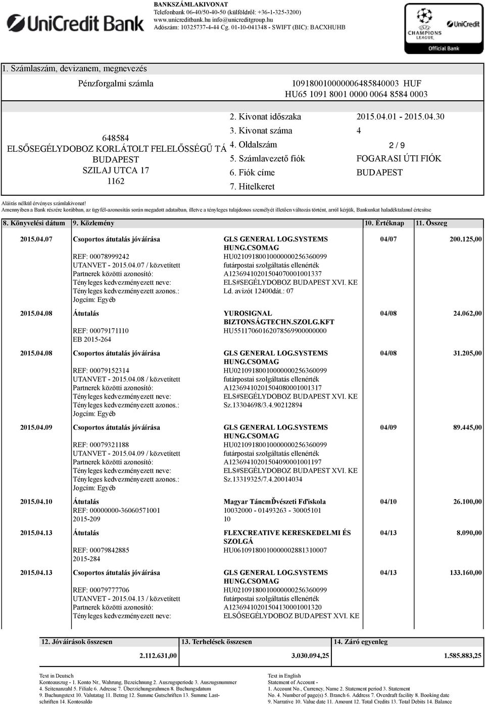 SYSTEMS REF: 00079152314 UTANVET - 2015.04.08 / közvetített A12369410201504080001001317 Sz.13304698/3.4.90212894 2015.04.09 Csoportos átutalás jóváírása GLS GENERAL LOG.