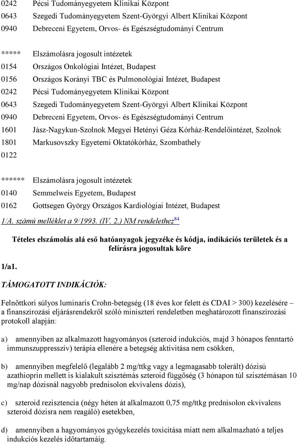 Kardiológiai Intézet, Budapest 1/A. számú melléklet a 9/1993. (IV. 2.) NM rendelethez 84 1/a1.