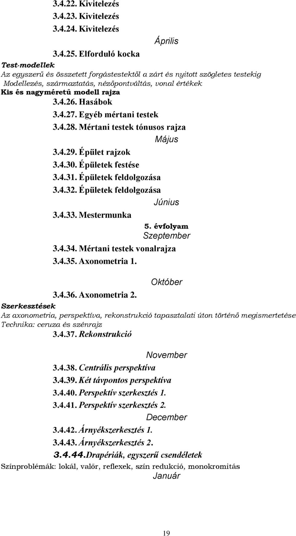 rajza 3.4.26. Hasábok 3.4.27. Egyéb mértani testek 3.4.28. Mértani testek tónusos rajza Május 3.4.29. Épület rajzok 3.4.30. Épületek festése 3.4.31. Épületek feldolgozása 3.4.32.