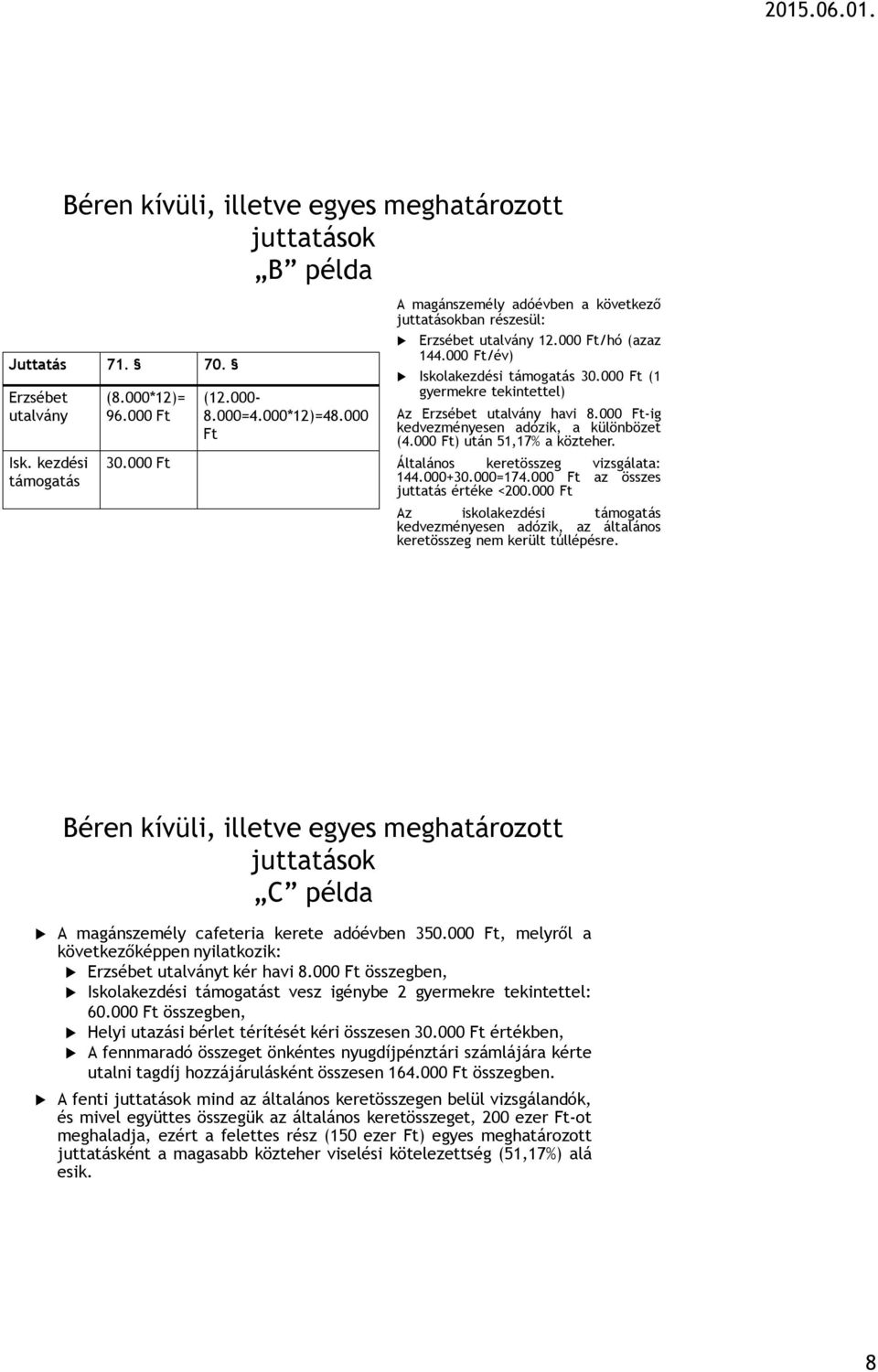 000 Ft (1 gyermekre tekintettel) Az Erzsébet utalvány havi 8.000 Ft-ig kedvezményesen adózik, a különbözet (4.000 Ft) után 51,17% a közteher. Általános keretösszeg vizsgálata: 144.000+30.000=174.