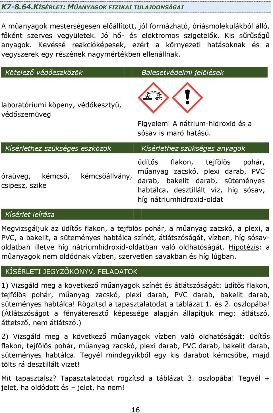 Kötelező védőeszközök Balesetvédelmi jelölések laboratóriumi köpeny, védőkesztyű, védőszemüveg Kísérlethez szükséges eszközök óraüveg, kémcső, kémcsőállvány, csipesz, szike Figyelem!