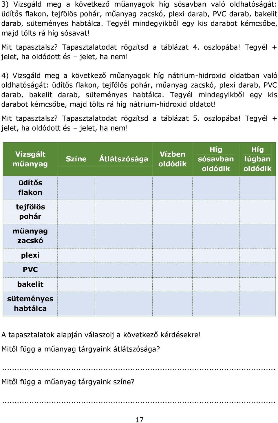 4) Vizsgáld meg a következő műanyagok híg nátrium-hidroxid oldatban való oldhatóságát: üdítős flakon, tejfölös pohár, műanyag zacskó, plexi darab, PVC darab, bakelit darab, süteményes habtálca.