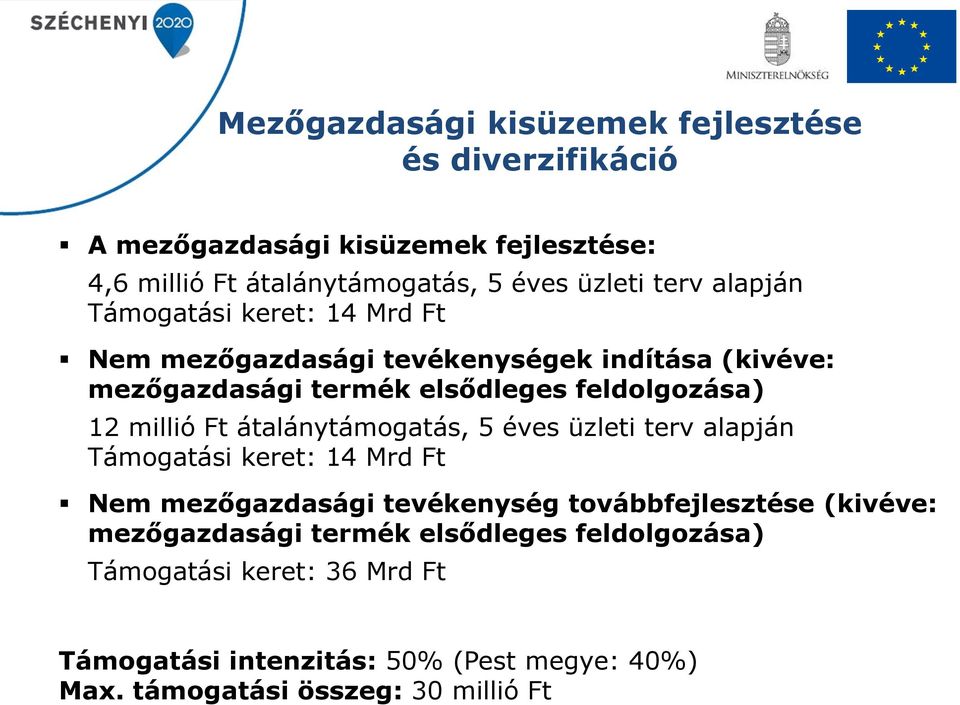 Ft átalánytámogatás, 5 éves üzleti terv alapján Támogatási keret: 14 Mrd Ft Nem mezőgazdasági tevékenység továbbfejlesztése (kivéve: