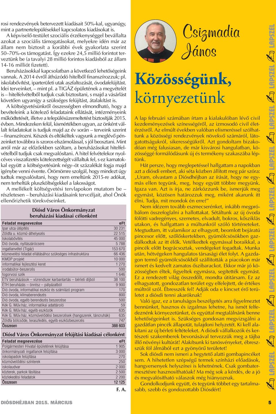 Így ezekre 24,5 millió forintot terveztünk be (a tavalyi 28 millió forintos kiadásból az állam 14-16 milliót fizetett). Beruházásokkal kapcsolatban a következő lehetőségeink vannak.