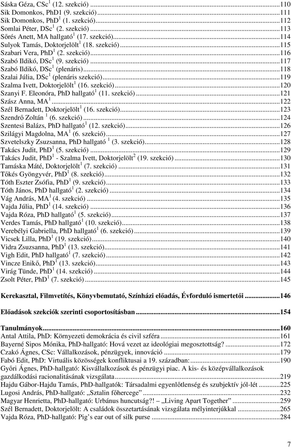 ..119 Szalma Ivett, Doktorjelölt 1 (16. szekció)...120 Szanyi F. Eleonóra, PhD hallgató 1 (11. szekció)...121 Szász Anna, MA 1...122 Szél Bernadett, Doktorjelölt 1 (16. szekció)...123 Szendrő Zoltán 1 (6.