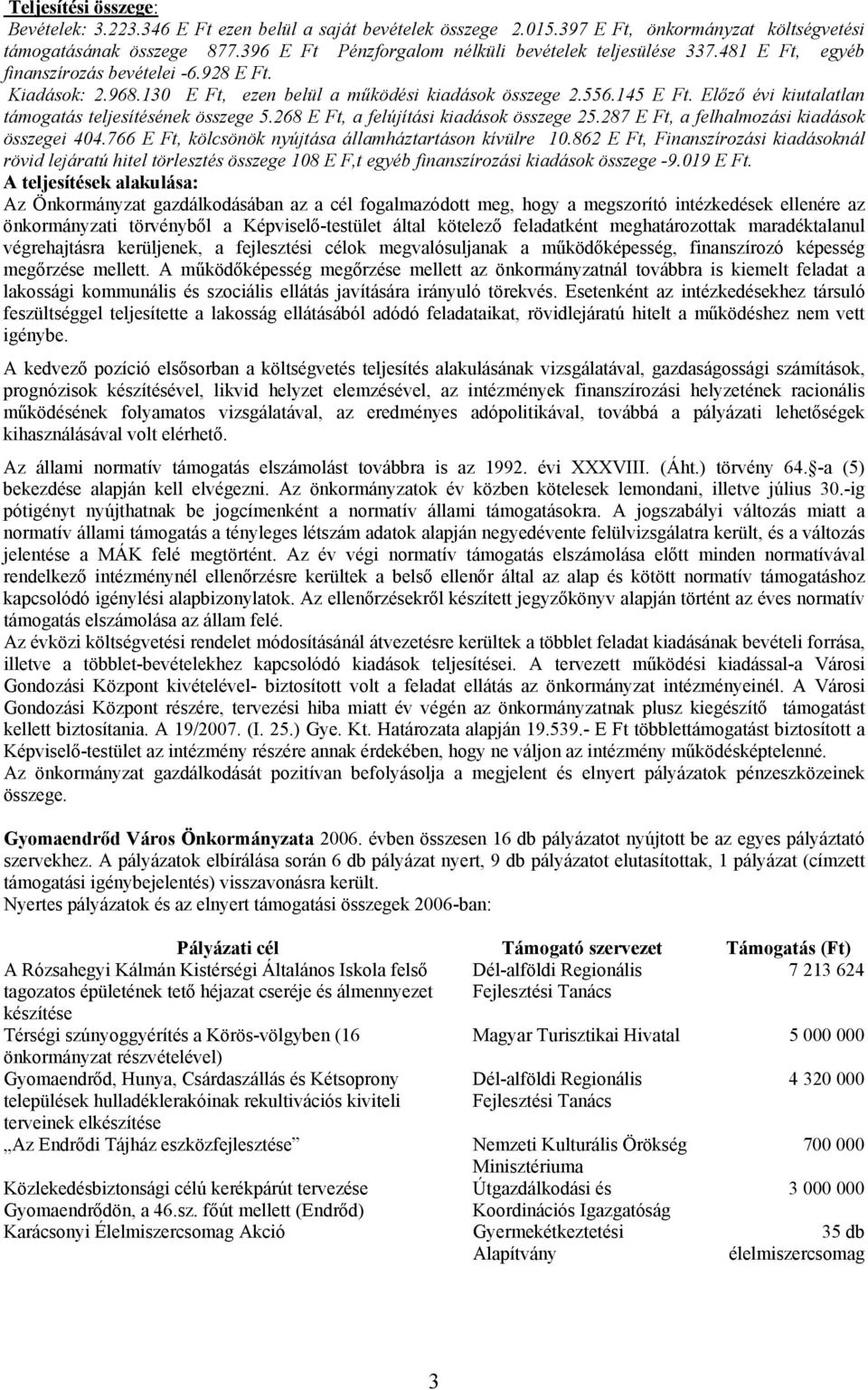 Előző évi kiutalatlan támogatás teljesítésének összege 5.268 E Ft, a felújítási kiadások összege 25.287 E Ft, a felhalmozási kiadások összegei 404.