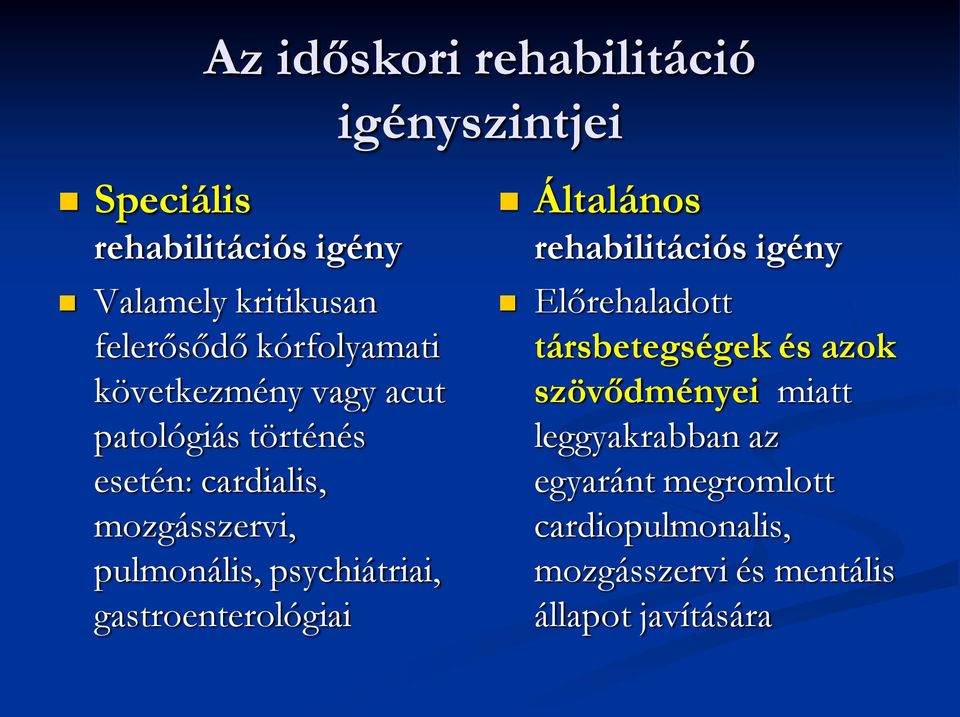 psychiátriai, gastroenterológiai Általános rehabilitációs igény Előrehaladott társbetegségek és azok