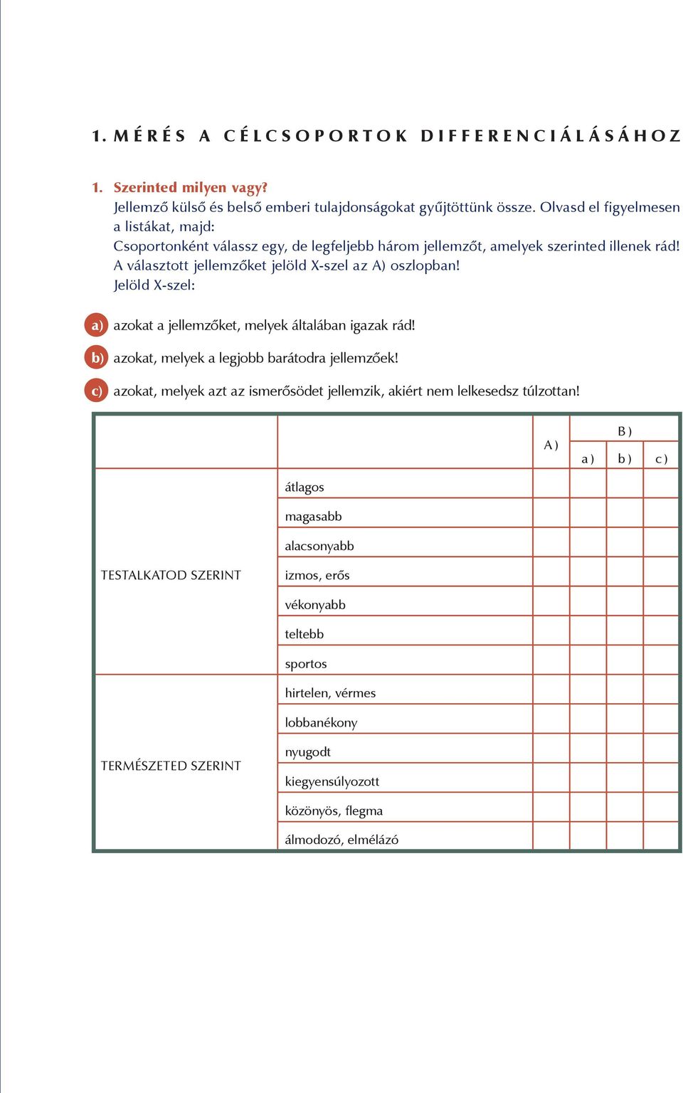 A választott jellemzőket jelöld X-szel az A) oszlopban! Jelöld X-szel: a) azokat a jellemzőket, melyek általában igazak rád! b) azokat, melyek a legjobb barátodra jellemzőek!