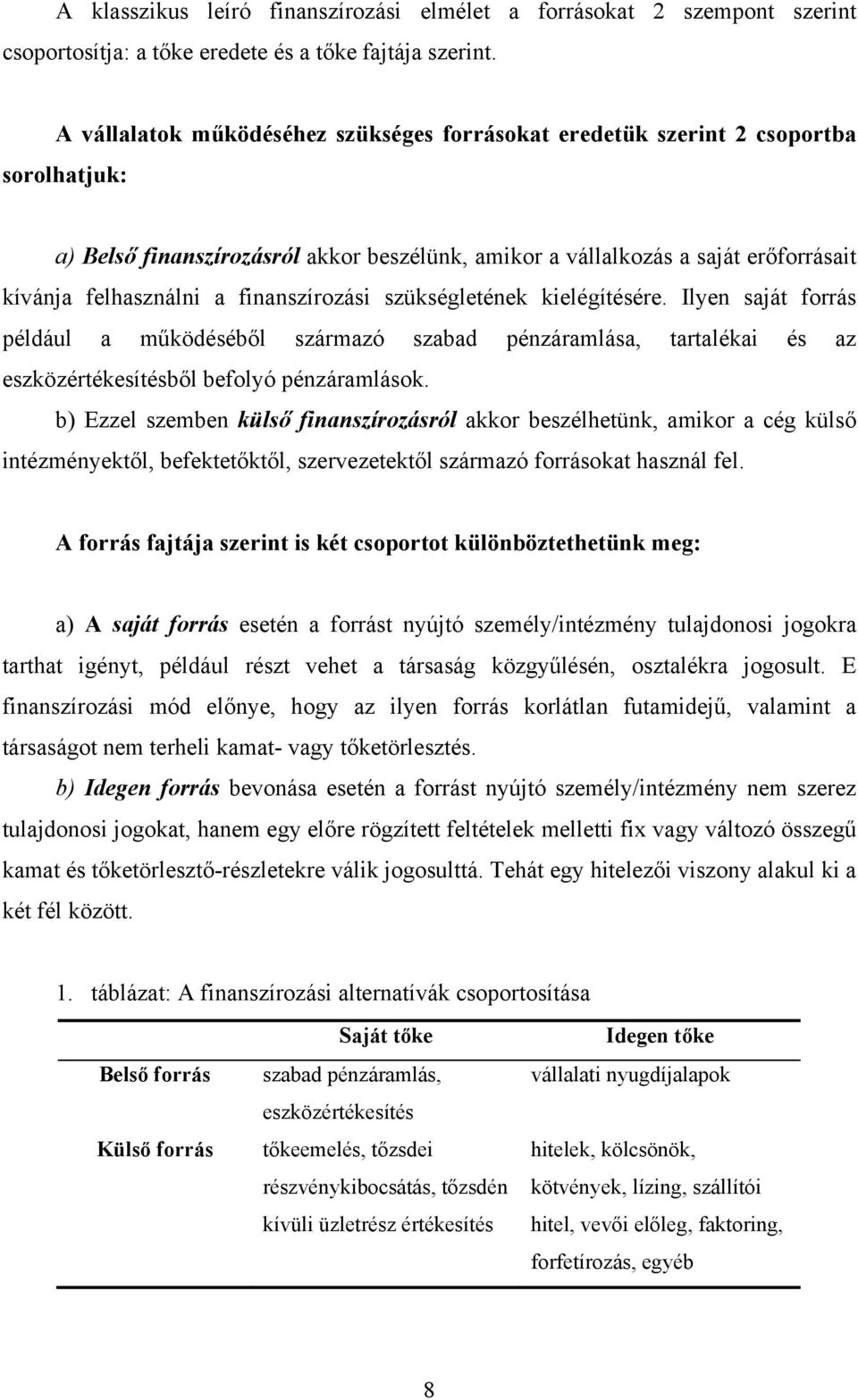 finanszírozási szükségletének kielégítésére. Ilyen saját forrás például a működéséből származó szabad pénzáramlása, tartalékai és az eszközértékesítésből befolyó pénzáramlások.