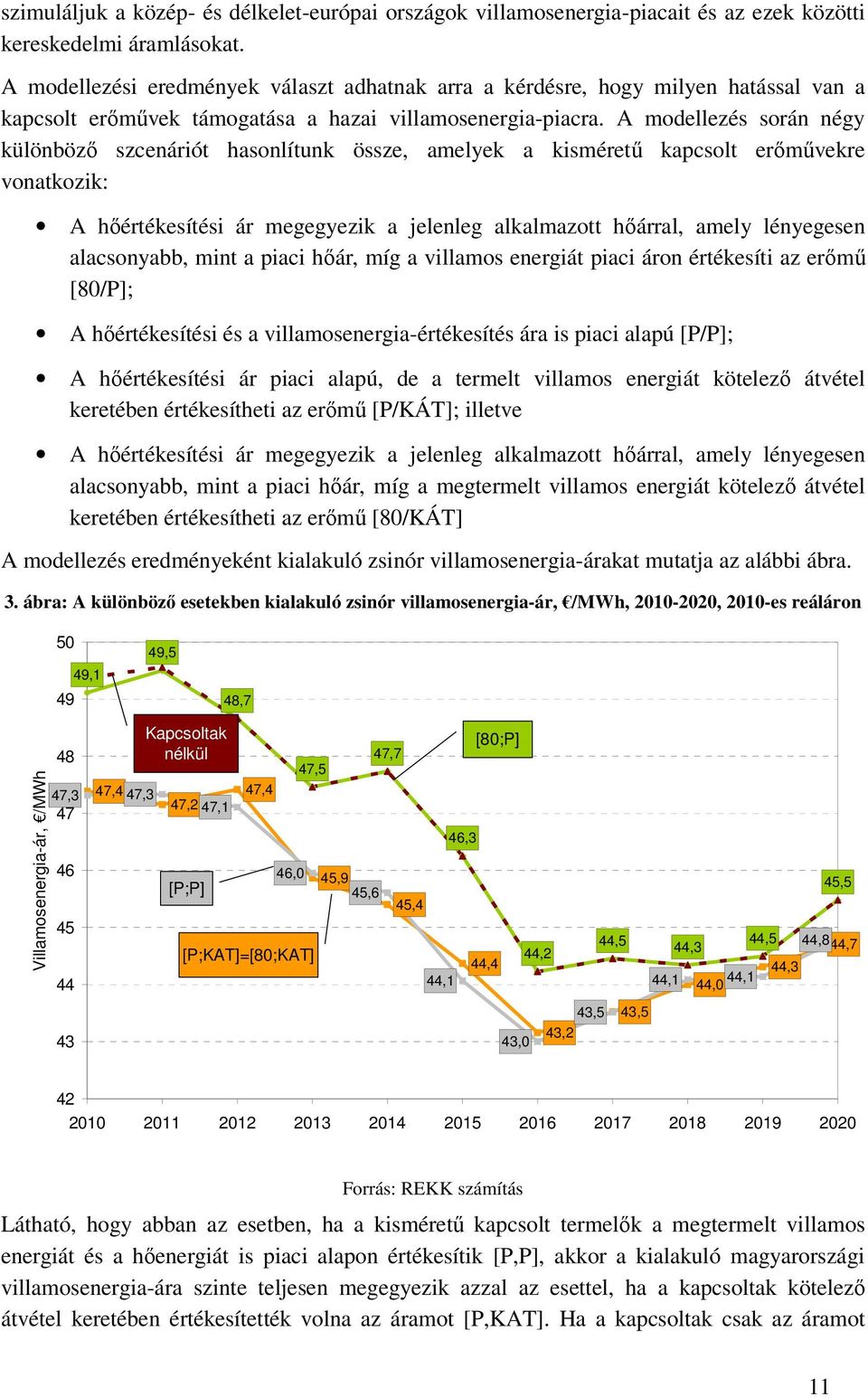 A modellezés során négy különböző szcenáriót hasonlítunk össze, amelyek a kisméretű kapcsolt erőművekre vonatkozik: A hőértékesítési ár megegyezik a jelenleg alkalmazott hőárral, amely lényegesen