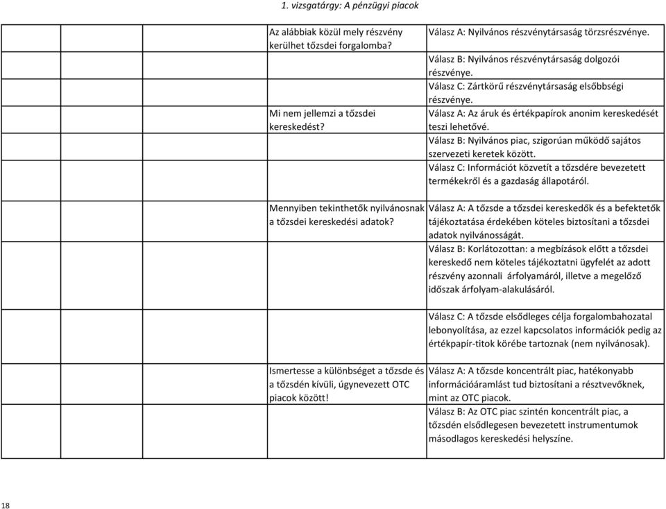 Válasz B: Nyilvános piac, szigorúan működő sajátos szervezeti keretek között. Válasz C: Információt közvetít a tőzsdére bevezetett termékekről és a gazdaság állapotáról.