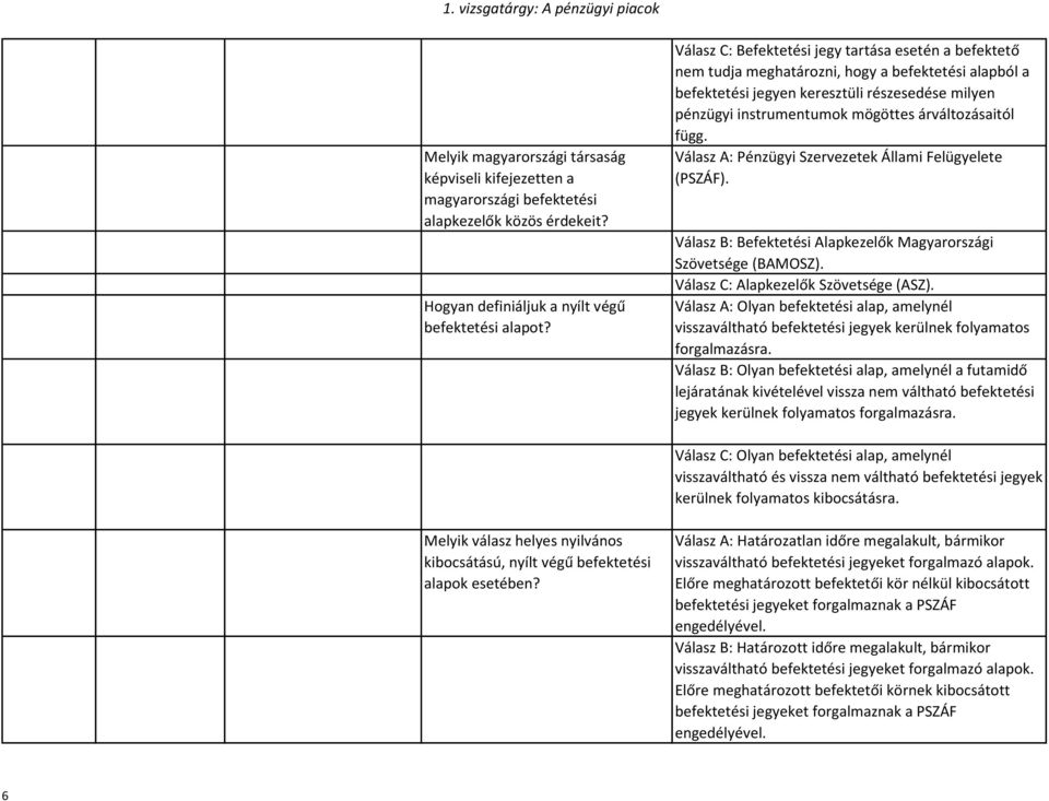 árváltozásaitól függ. Válasz A: Pénzügyi Szervezetek Állami Felügyelete (PSZÁF). Válasz B: Befektetési Alapkezelők Magyarországi Szövetsége (BAMOSZ). Válasz C: Alapkezelők Szövetsége (ASZ).