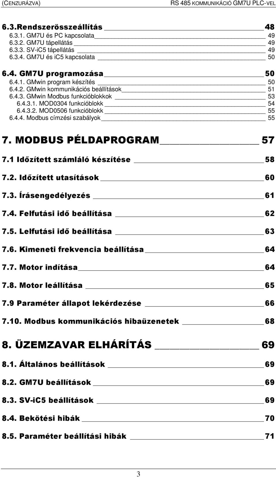 MODBUS PÉLDAPROGRAM 57 7.1 Idızített számláló készítése 58 7.2. Idızített utasítások 60 7.3. Írásengedélyezés 61 7.4. Felfutási idı beállítása 62 7.5. Lelfutási idı beállítása 63 7.6. Kimeneti frekvencia beállítása 64 7.