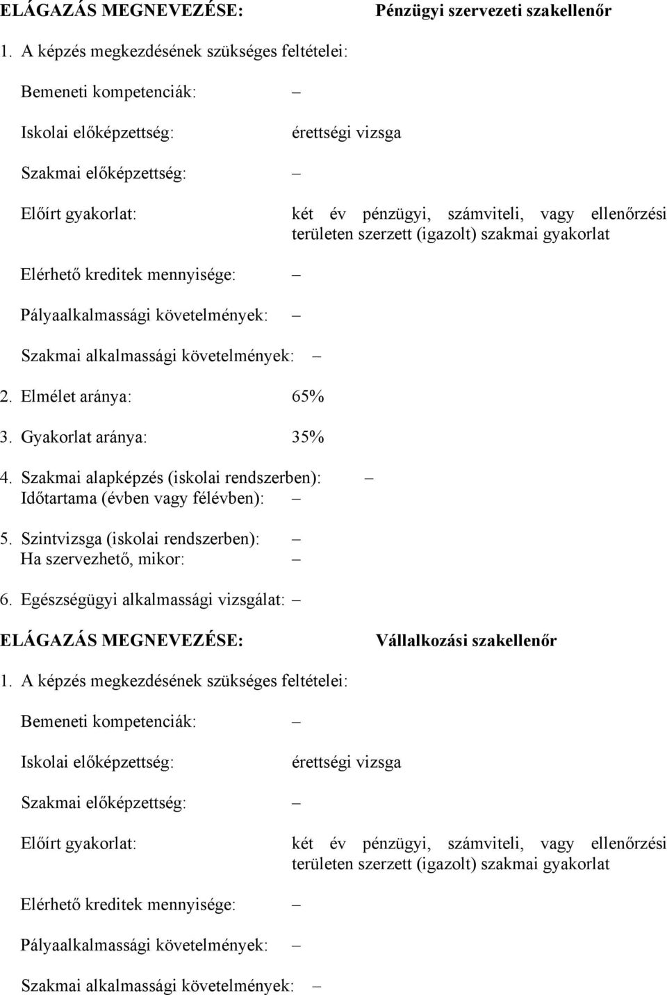 területen szerzett (igazolt) szakmai gyakorlat Elérhető kreditek mennyisége: Pályaalkalmassági követelmények: Szakmai alkalmassági követelmények: 2. Elmélet aránya: 65% 3. Gyakorlat aránya: 35% 4.