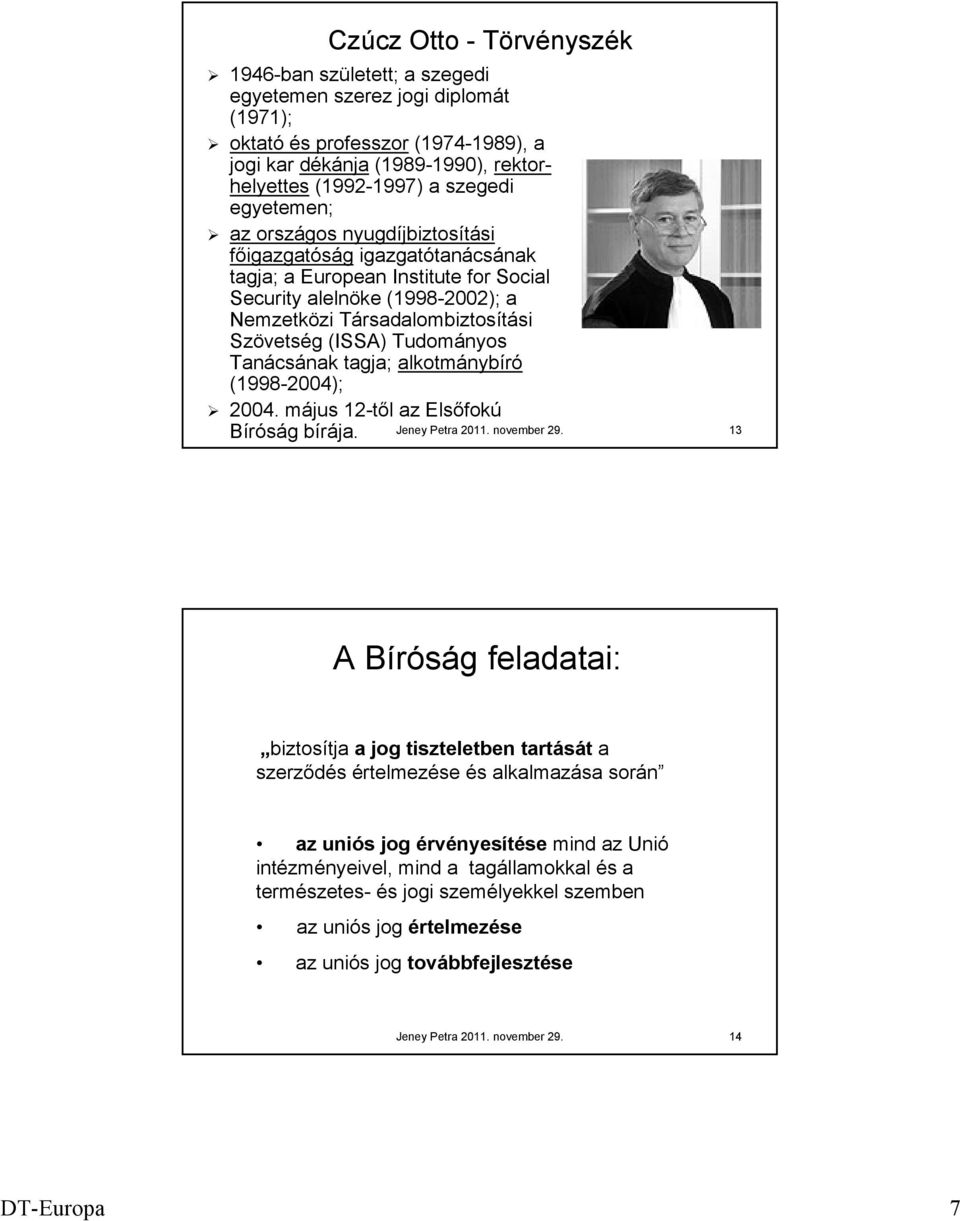 Tudományos Tanácsának tagja; alkotmánybíró (1998-2004); 2004. május 12-től az Elsőfokú Bíróság bírája. Jeney Petra 2011. november 29.