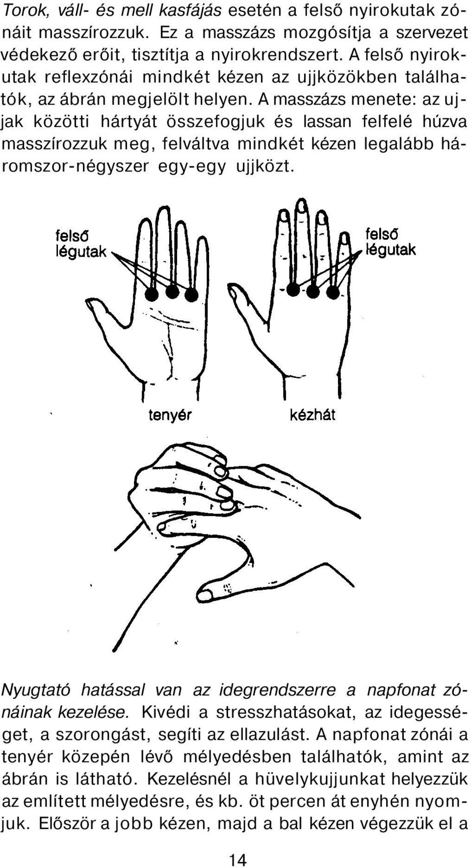 A masszázs menete: az ujjak közötti hártyát összefogjuk és lassan felfelé húzva masszírozzuk meg, felváltva mindkét kézen legalább háromszor-négyszer egy-egy ujjközt.