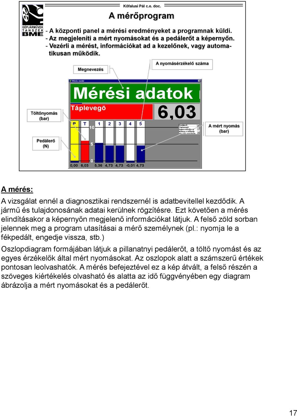 : nyomja le a fékpedált, engedje vissza, stb.) Oszlopdiagram formájában látjuk a pillanatnyi pedálerőt, a töltő nyomást és az egyes érzékelők által mért nyomásokat.