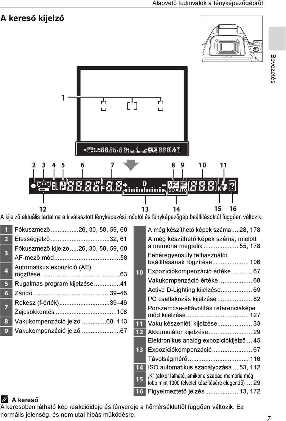 ..63 5 Rugalmas program kijelzése...41 6 Záridő...39 46 Rekesz (f-érték)...39 46 7 Zajcsökkentés...108 8 Vakukompenzáció jelző...68, 113 9 Vakukompenzáció jelző...67 A még készíthető képek száma.