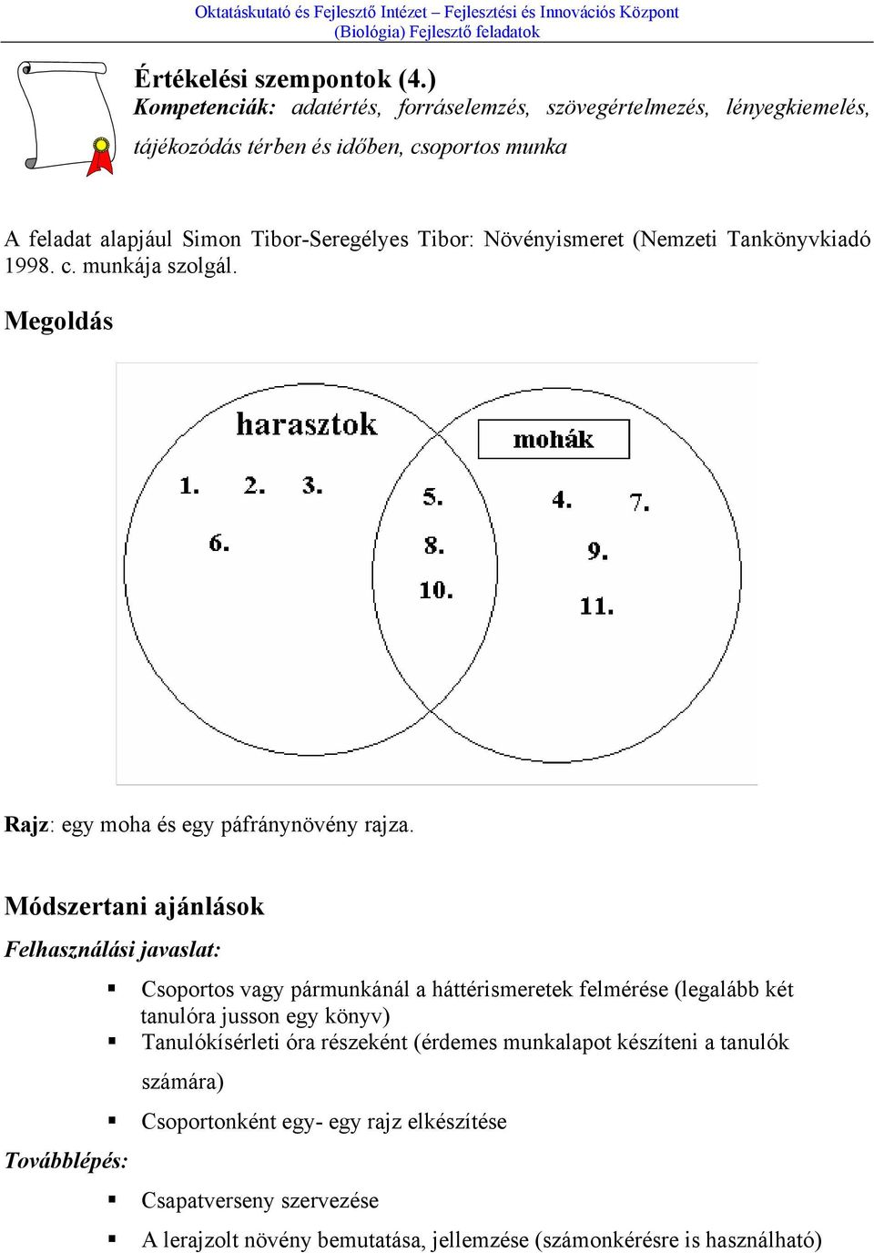 Növényismeret (Nemzeti Tankönyvkiadó 1998. c. munkája szolgál. Megoldás Rajz: egy moha és egy páfránynövény rajza.