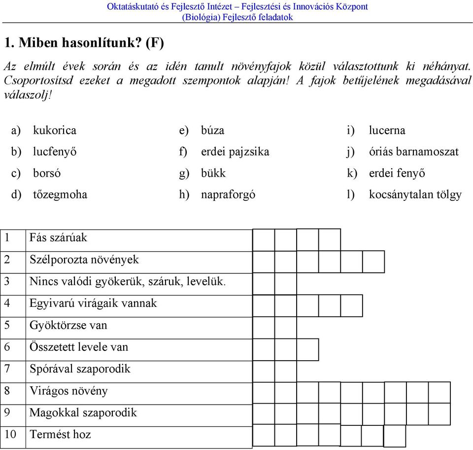 Csoportosítsd ezeket a megadott szempontok alapján! A fajok betűjelének megadásával válaszolj!