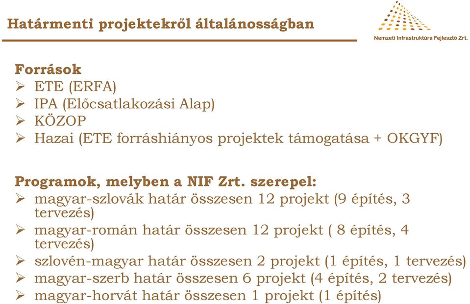 szerepel: magyar-szlovák határ összesen 12 projekt (9 építés, 3 tervezés) magyar-román határ összesen 12 projekt ( 8