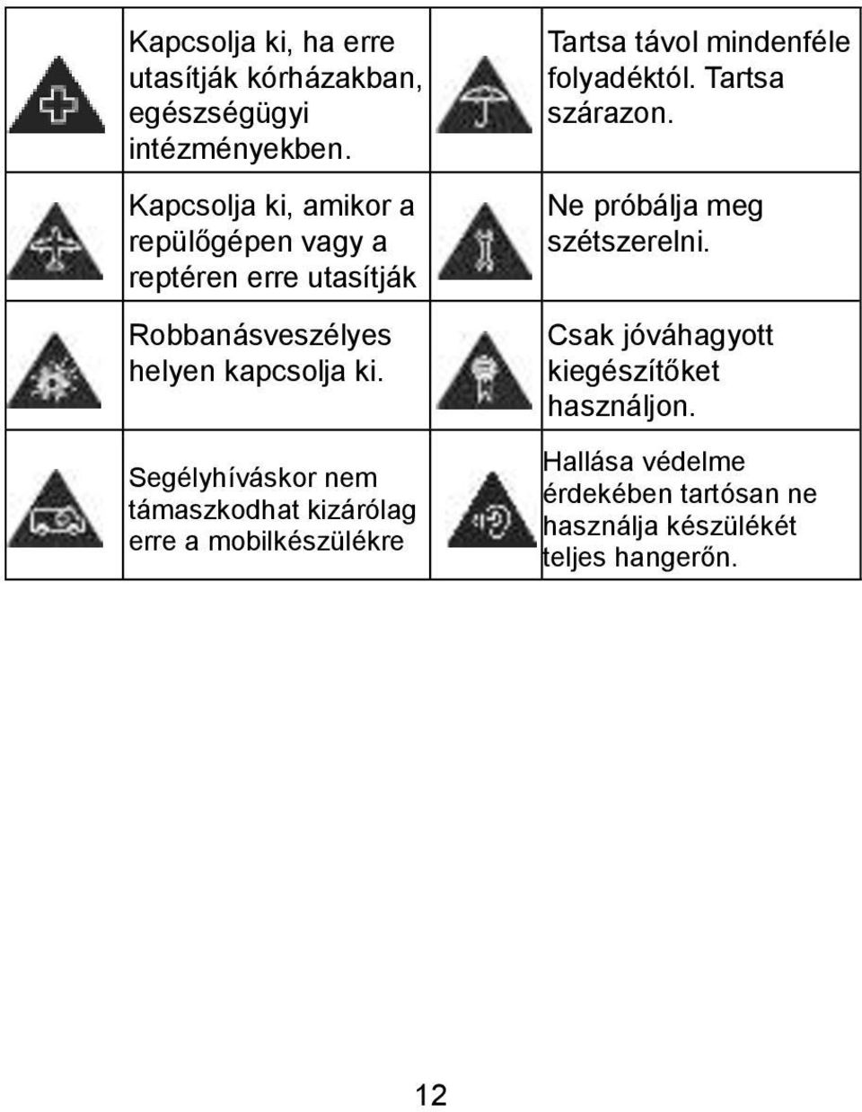 Segélyhíváskor nem támaszkodhat kizárólag erre a mobilkészülékre Tartsa távol mindenféle folyadéktól.