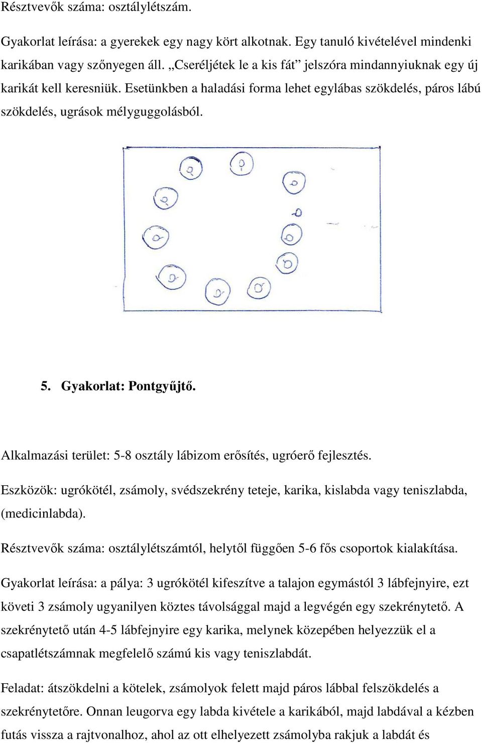 Eszközök: ugrókötél, zsámoly, svédszekrény teteje, karika, kislabda vagy teniszlabda, (medicinlabda). Résztvevők száma: osztálylétszámtól, helytől függően 5-6 fős csoportok kialakítása.