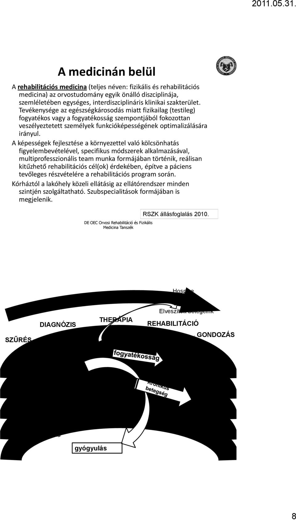 Tevékenysége az egészségkárosodás miatt fizikailag (testileg) fogyatékos vagy a fogyatékosság szempontjából fokozottan veszélyeztetett személyek funkcióképességének optimalizálására irányul.