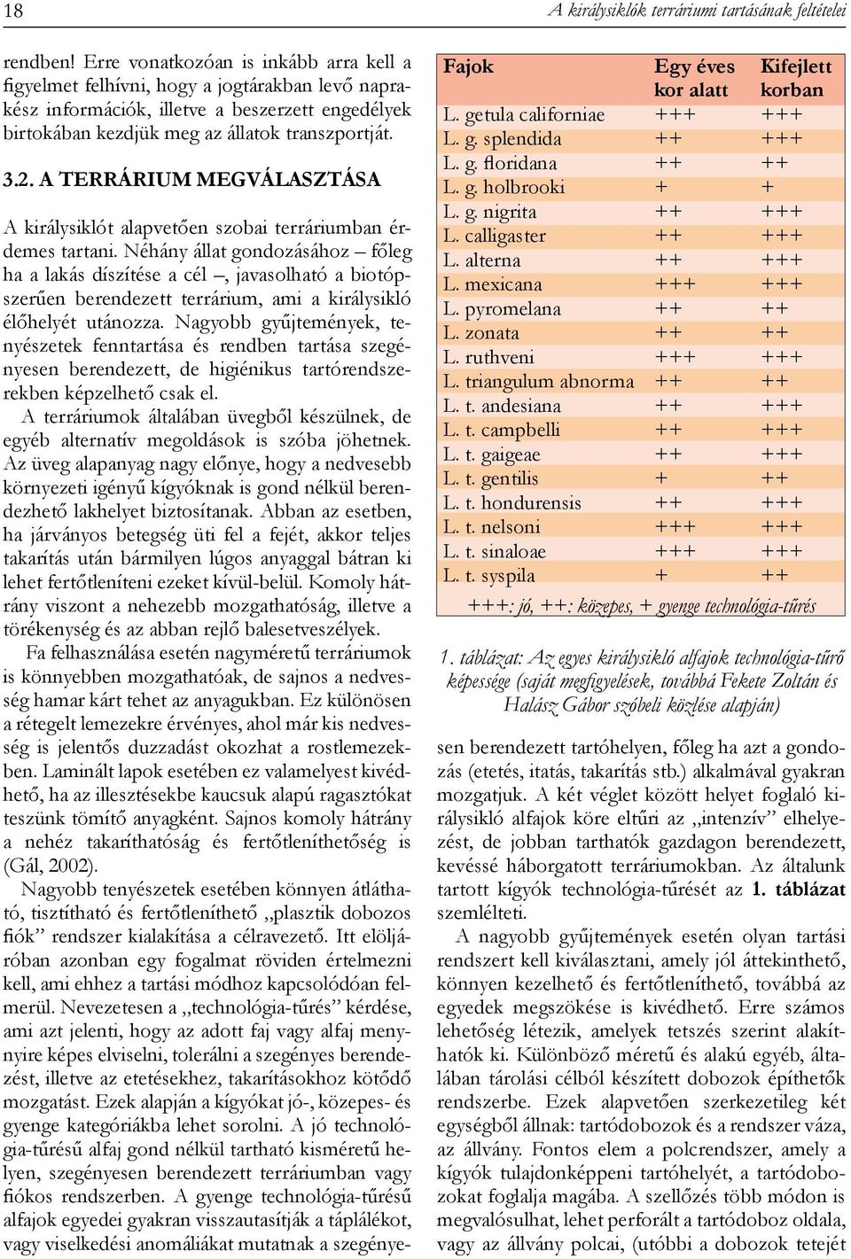 A TERRÁRIUM MEGVÁLASZTÁSA Fajok Egy éves Kifejlett kor alatt korban L. getula californiae +++ +++ L. g. splendida ++ +++ L. g. floridana ++ ++ L. g. holbrooki + + L. g. nigrita ++ +++ L.