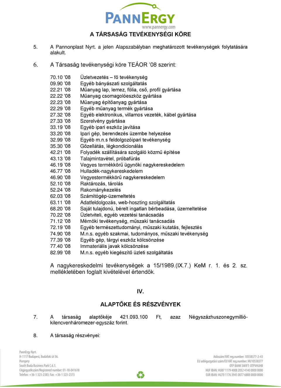 23 08 Mûanyag építõanyag gyártása 22.29 08 Egyéb mûanyag termék gyártása 27.32 08 Egyéb elektronikus, villamos vezeték, kábel gyártása 27.33 08 Szerelvény gyártása 33.