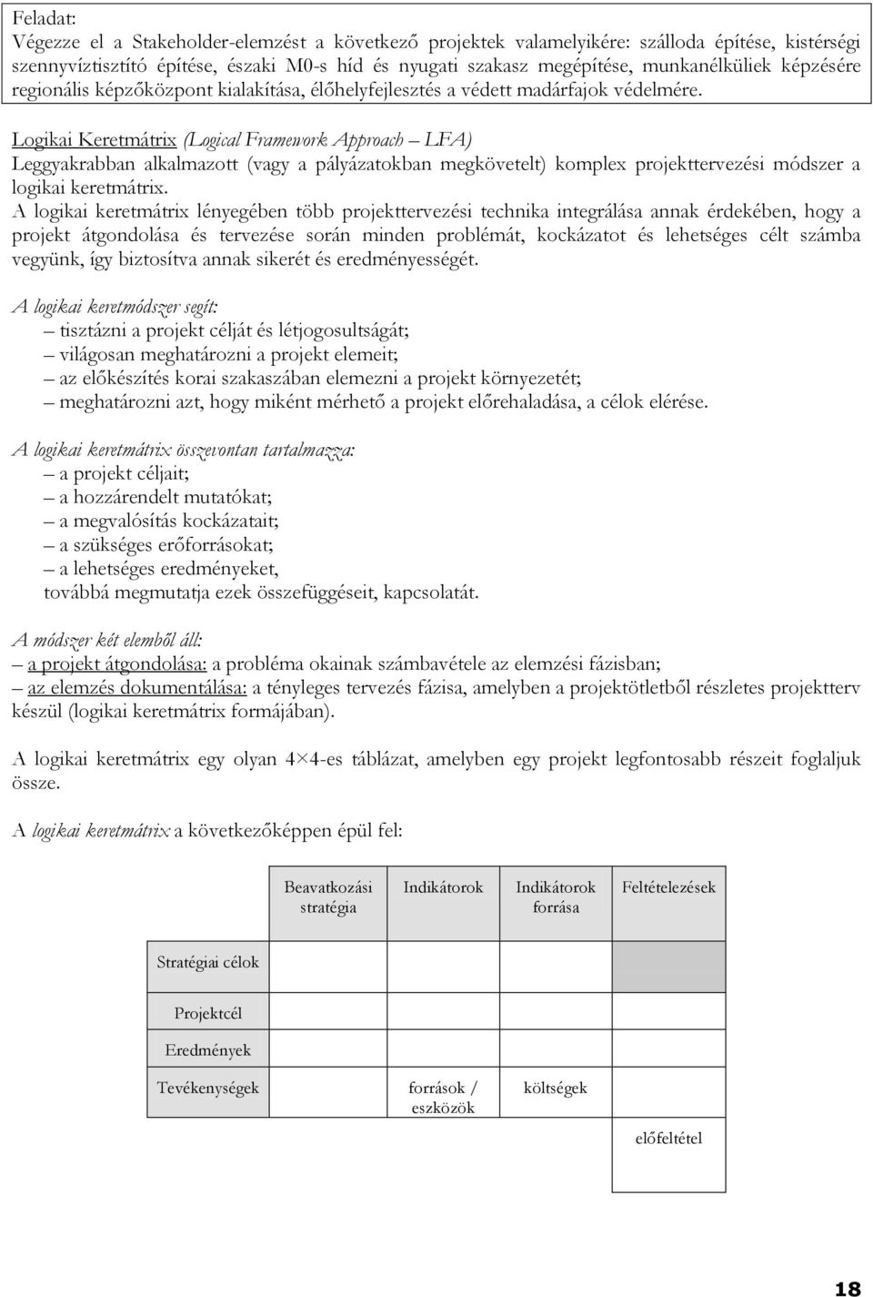 Logikai Keretmátrix (Logical Framework Approach LFA) Leggyakrabban alkalmazott (vagy a pályázatokban megkövetelt) komplex projekttervezési módszer a logikai keretmátrix.